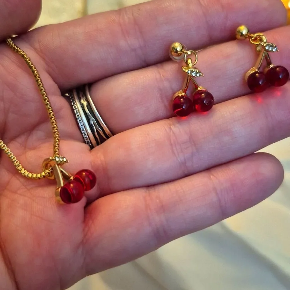 Gold Cherry Pendant Cable Necklace and Earrings Set In Gold Tone